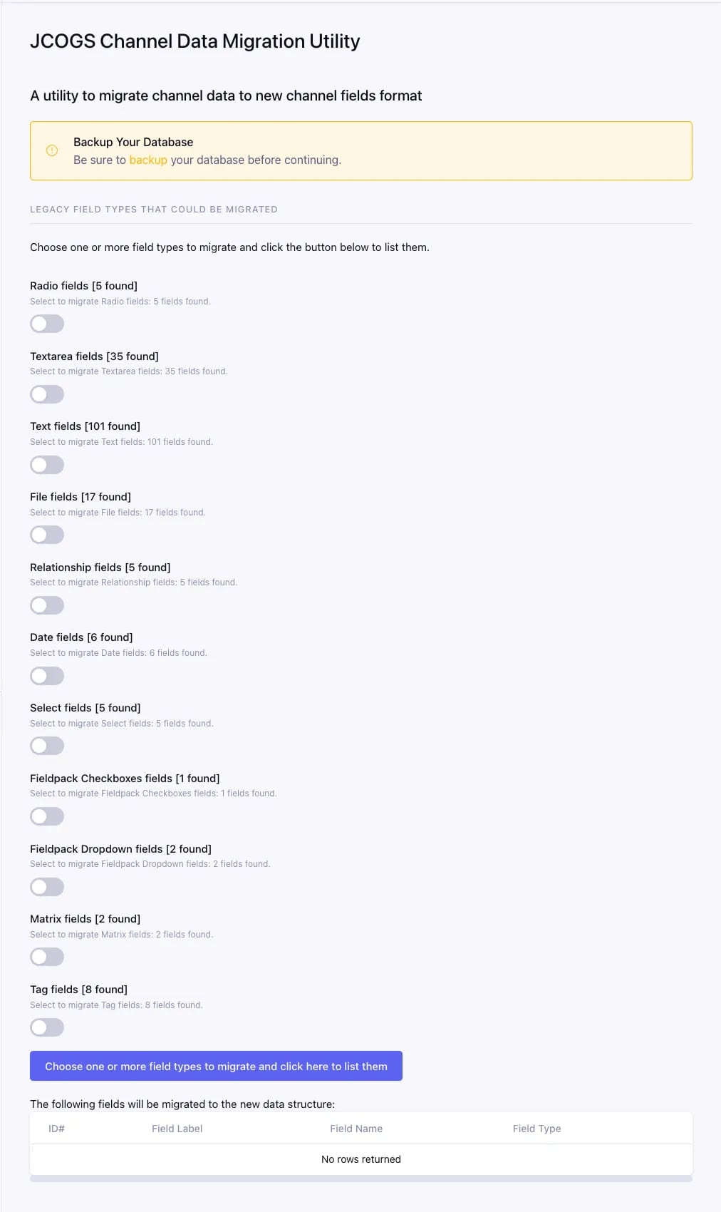 The add-on lists legacy field types so you can choose which to migrate