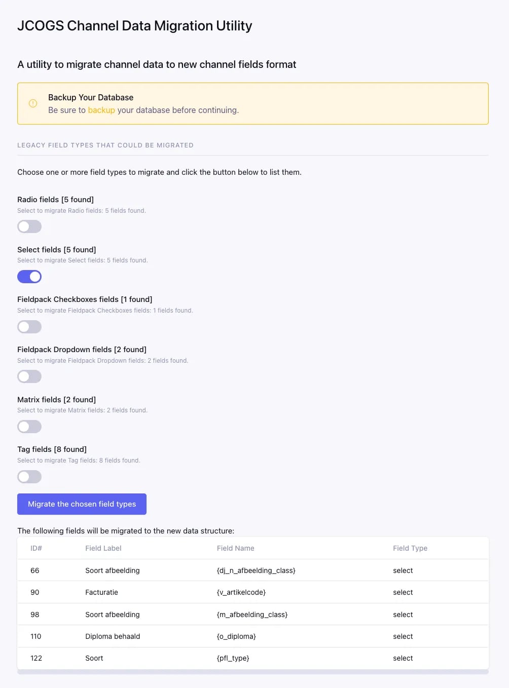 Before migration you see which fields will be migrated