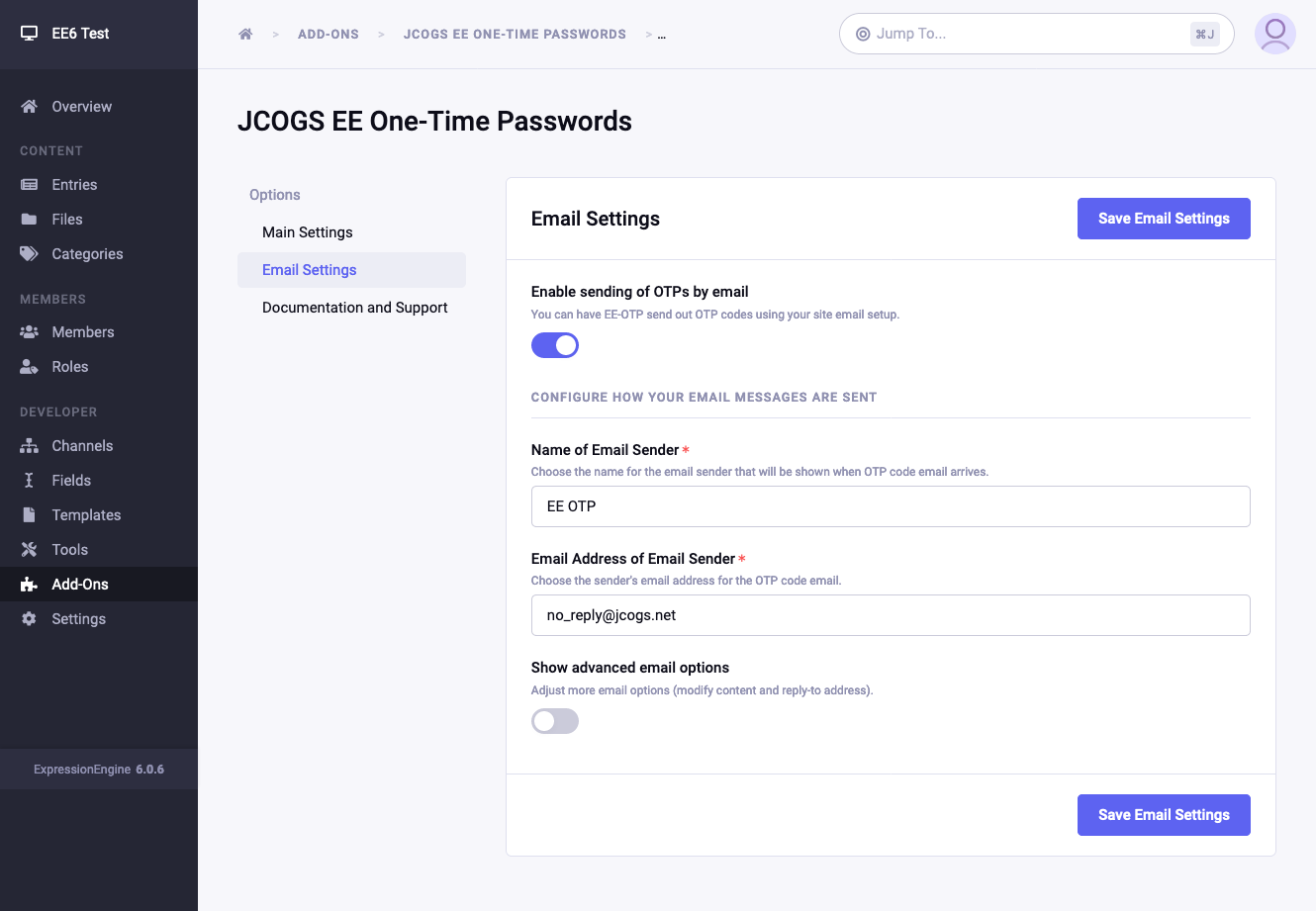Basic Email Settings screen
