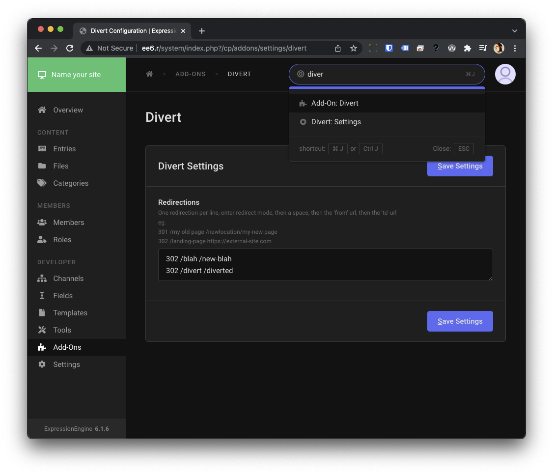 Divert Settings Screen
